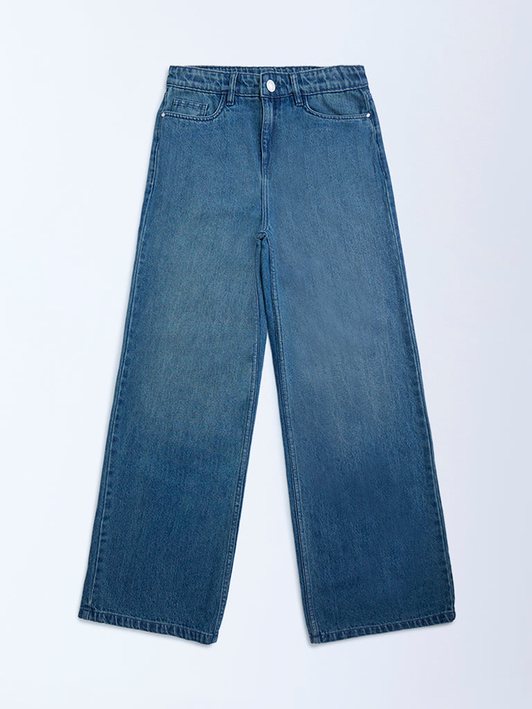 Y&F Kids Dark Blue Washed Wide-Leg High-Rise Jeans