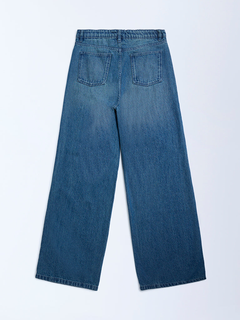 Y&F Kids Dark Blue Washed Wide-Leg High-Rise Jeans