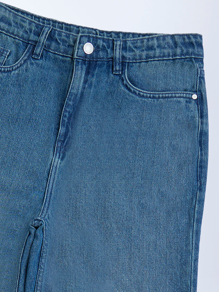 Y&F Kids Dark Blue Washed Wide-Leg High-Rise Jeans