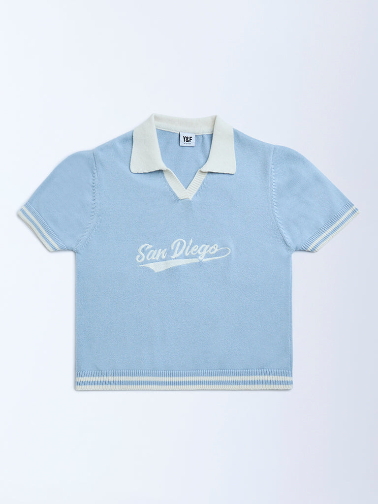 Y&F Kids Light Blue Text Design Cotton Sweater