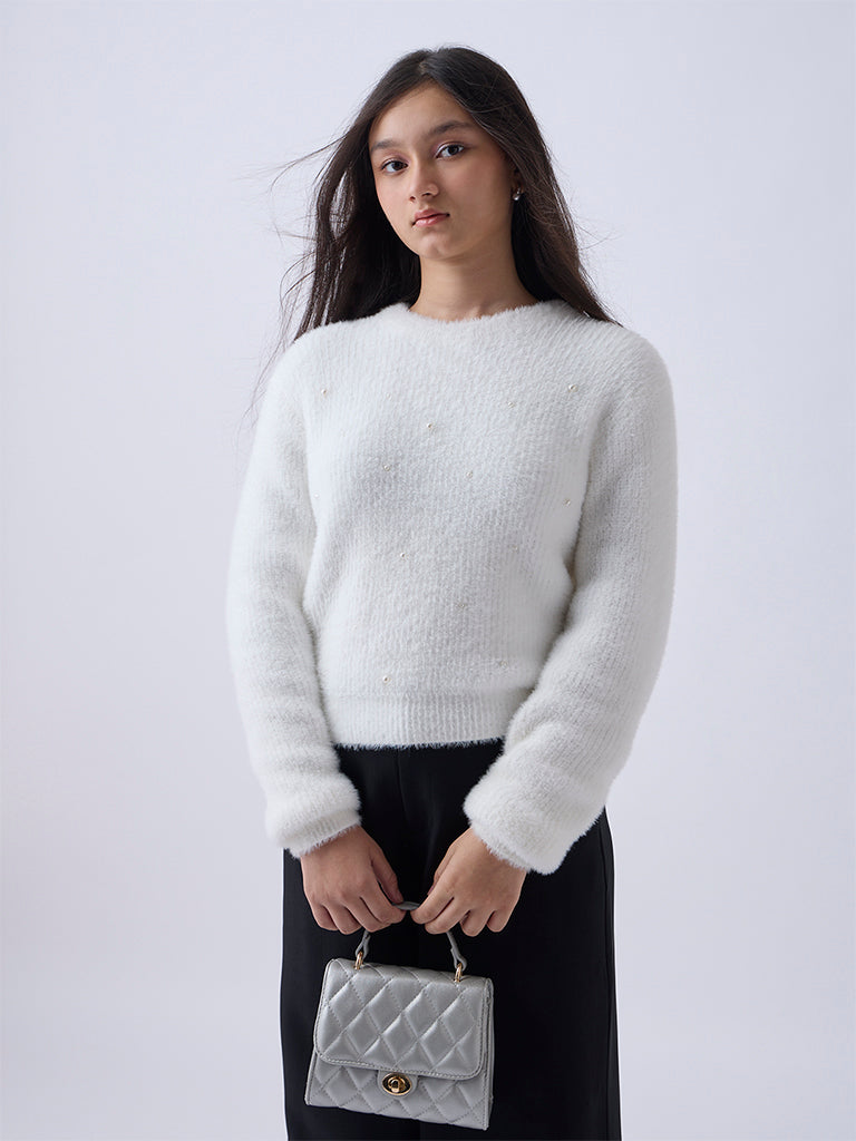 Y&F Kids White Pearl-Detailed Knitted Sweater
