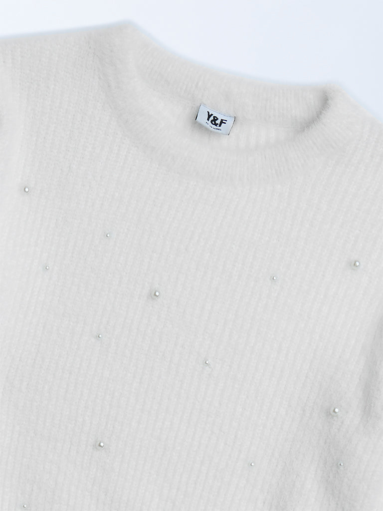 Y&F Kids White Pearl-Detailed Knitted Sweater