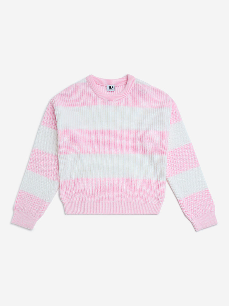 Y&F Kids Pink Striped Knit-Textured Sweater
