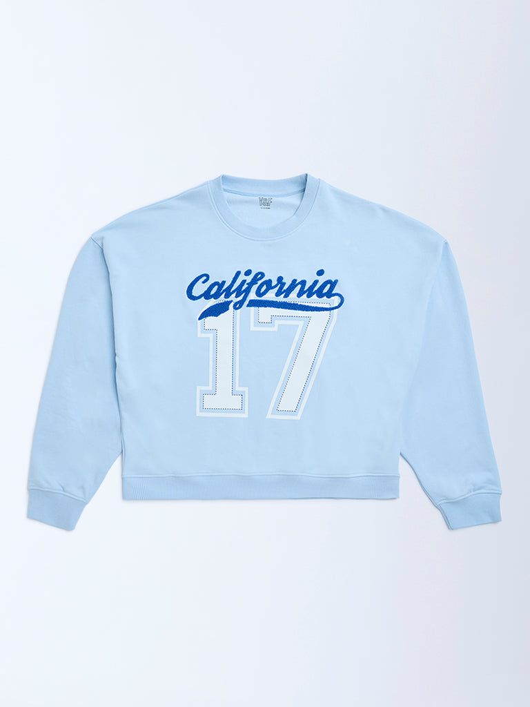 Y&F Kids Light Blue Text Design Cotton-Blend Sweatshirt