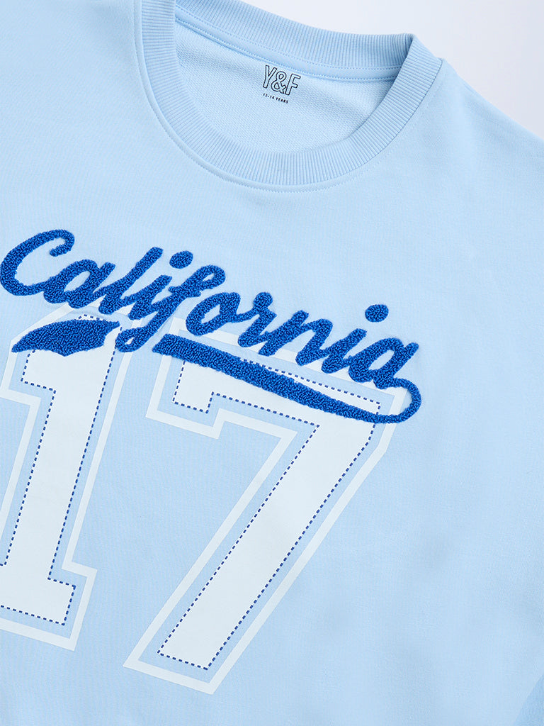 Y&F Kids Light Blue Text Design Cotton-Blend Sweatshirt