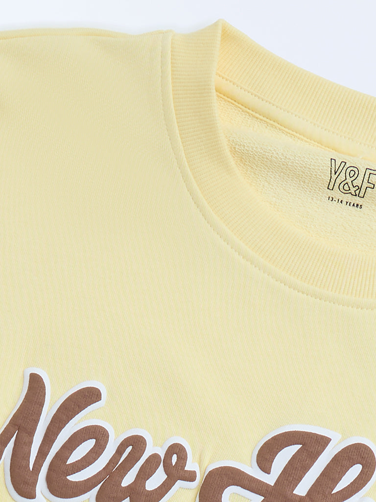 Y&F Kids Yellow Text Detailed Cotton-Blend Sweatshirt