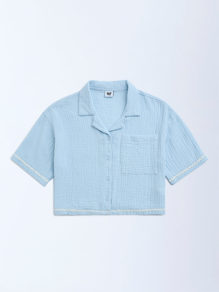 Y&F Kids Light Blue Crinkle-Textured Cotton Shirt