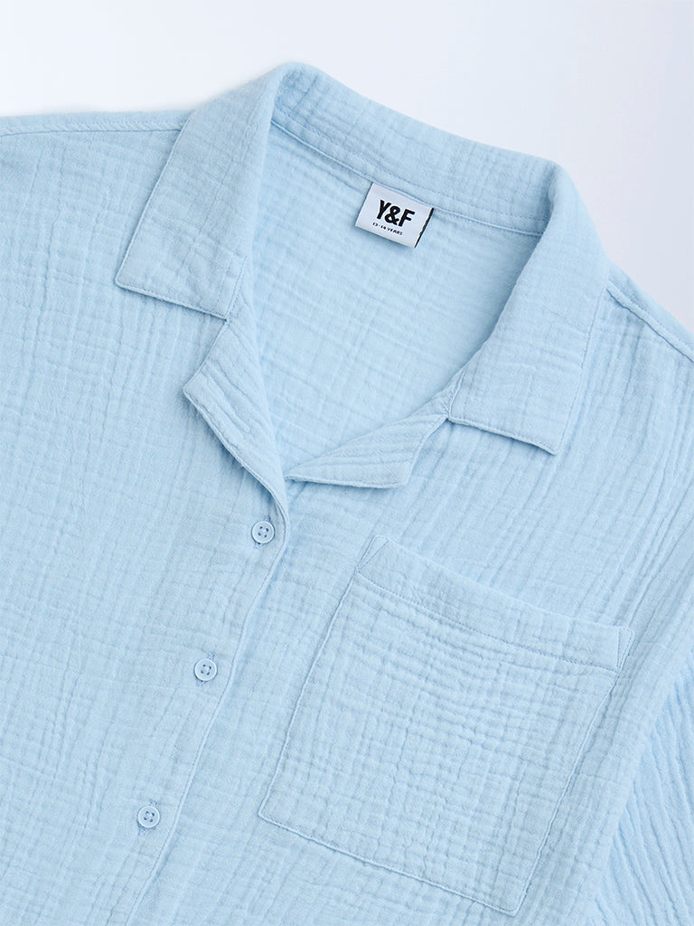 Y&F Kids Light Blue Crinkle-Textured Cotton Shirt