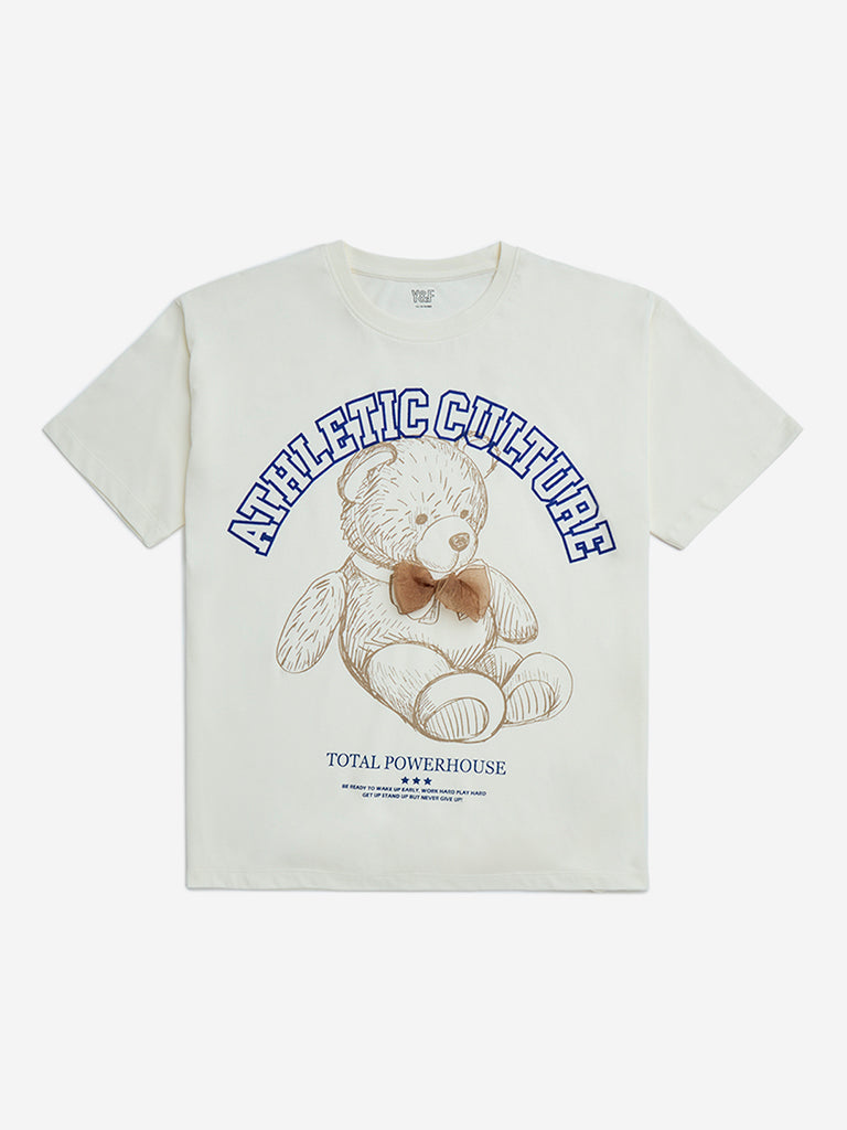 Y&F Kids Off-White Teddy Printed Cotton T-Shirt