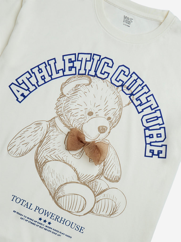 Y&F Kids Off-White Teddy Printed Cotton T-Shirt