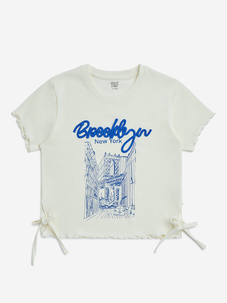 Y&F Kids Off-White Cityscape Design Cotton-Blend Top