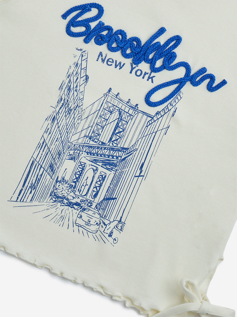 Y&F Kids Off-White Cityscape Design Cotton-Blend Top