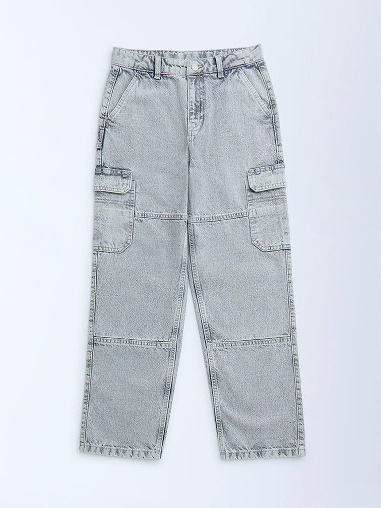 Y&F Kids Grey Faded Relaxed-Fit Mid-Rise Jeans