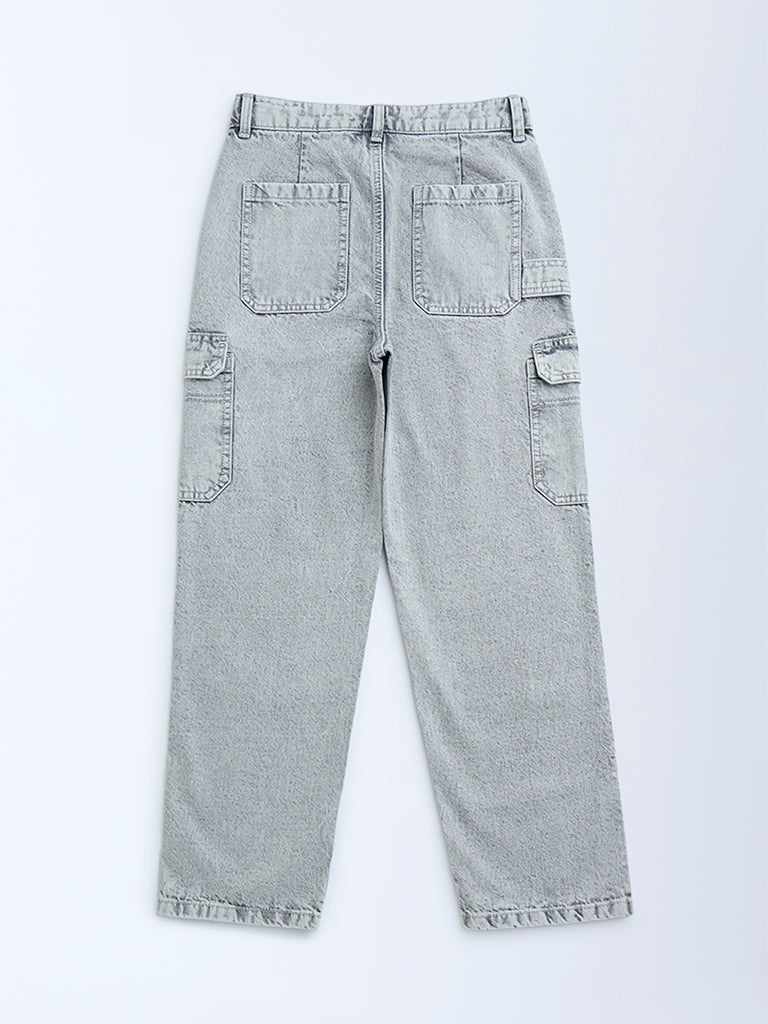 Y&F Kids Grey Faded Relaxed-Fit Mid-Rise Jeans