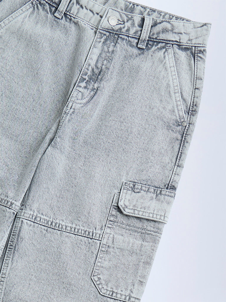 Y&F Kids Grey Faded Relaxed-Fit Mid-Rise Jeans