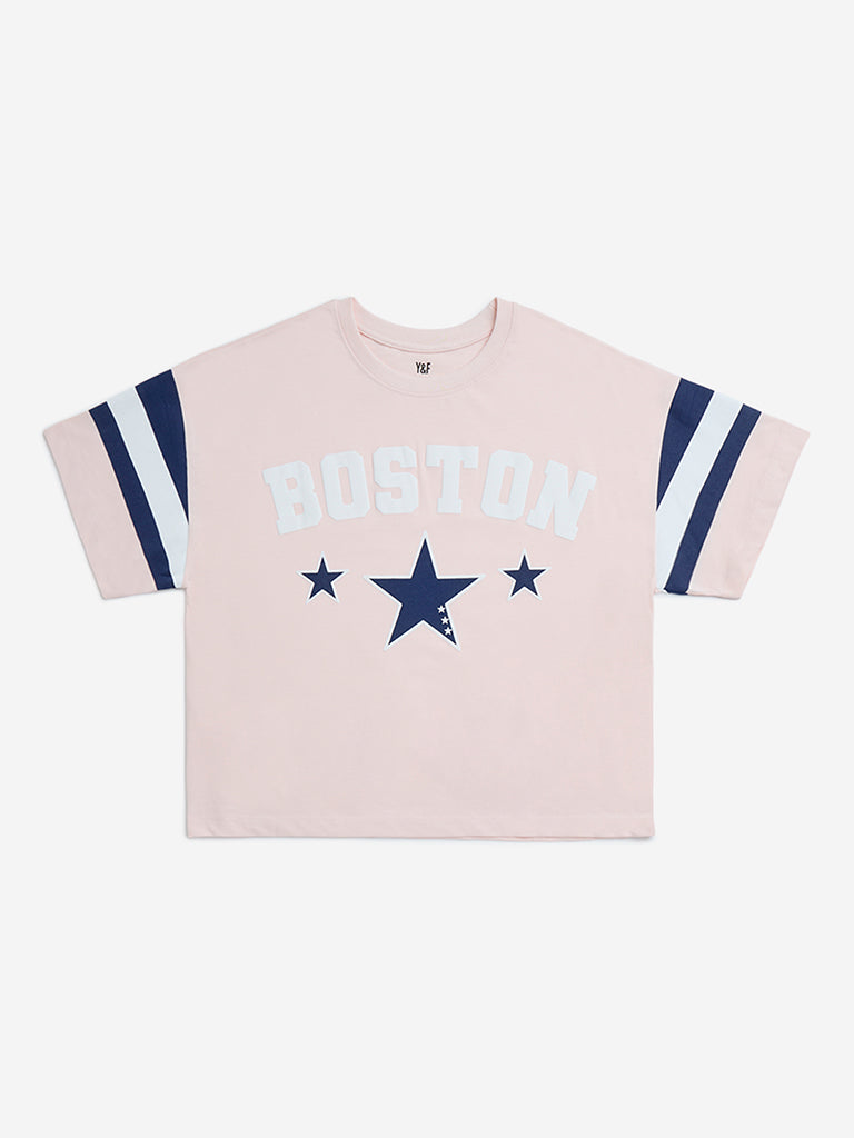 Y&F Kids Pink Text Printed Cotton T-Shirt