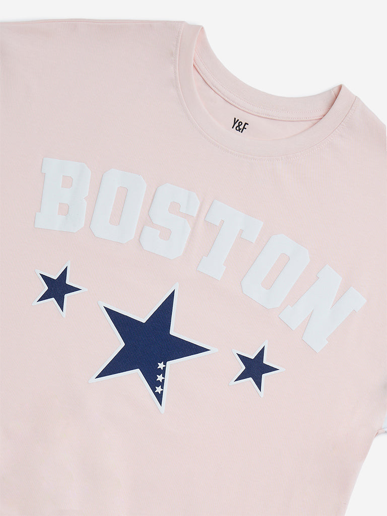 Y&F Kids Pink Text Printed Cotton T-Shirt