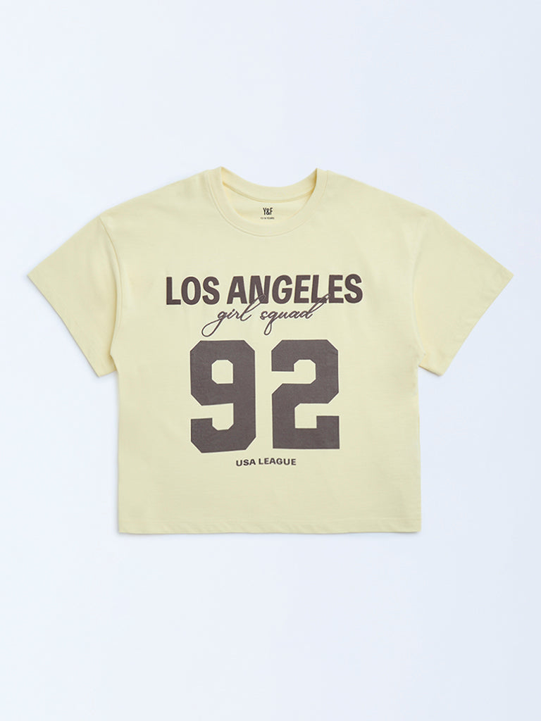 Y&F Kids Yellow Printed Cotton T-Shirt