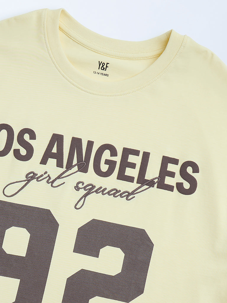 Y&F Kids Yellow Printed Cotton T-Shirt