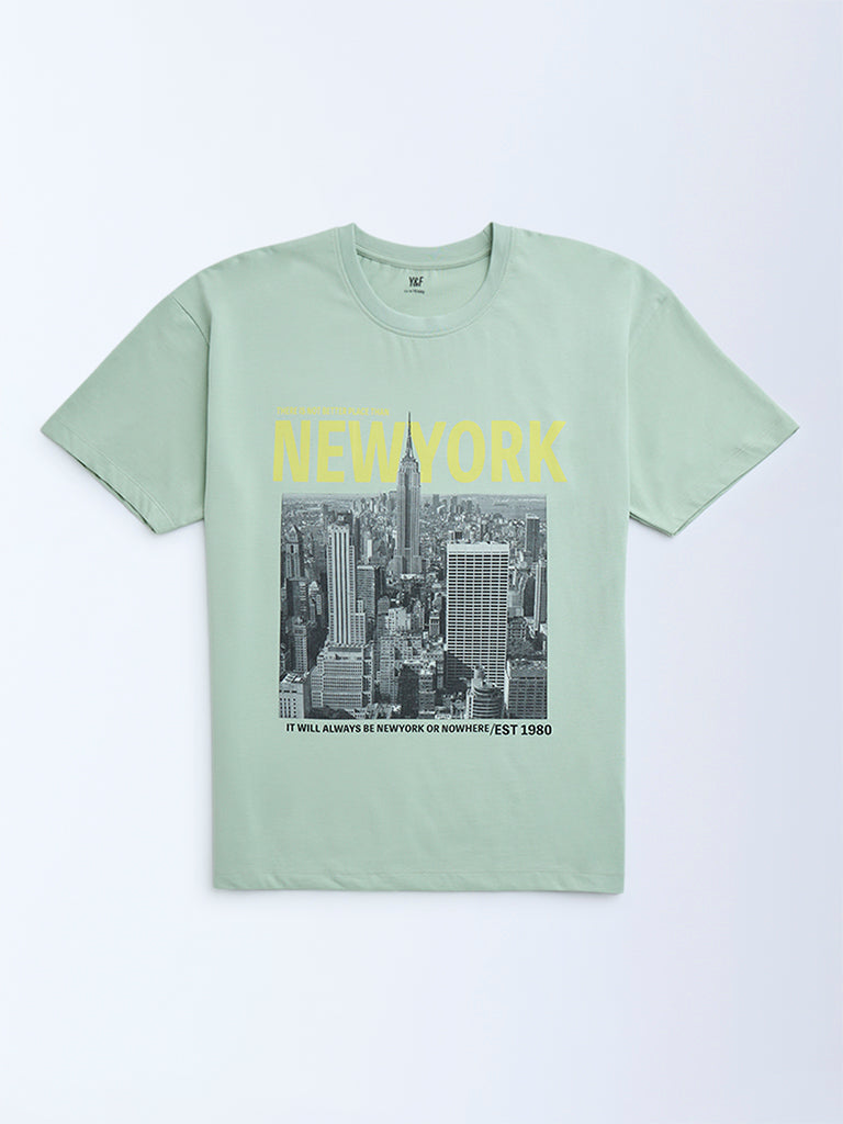 Y&F Kids Mint Cityscape-Inspired Cotton T-Shirt