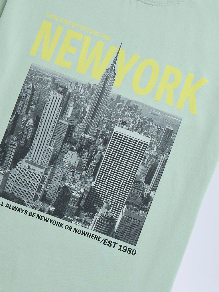 Y&F Kids Mint Cityscape-Inspired Cotton T-Shirt