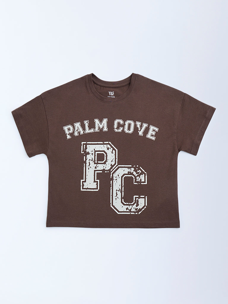 Y&F Kids Dark Brown Text Pattern Cotton T-Shirt