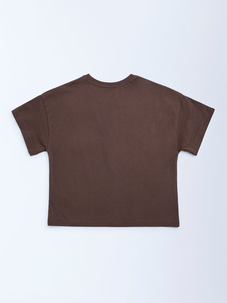 Y&F Kids Dark Brown Text Pattern Cotton T-Shirt