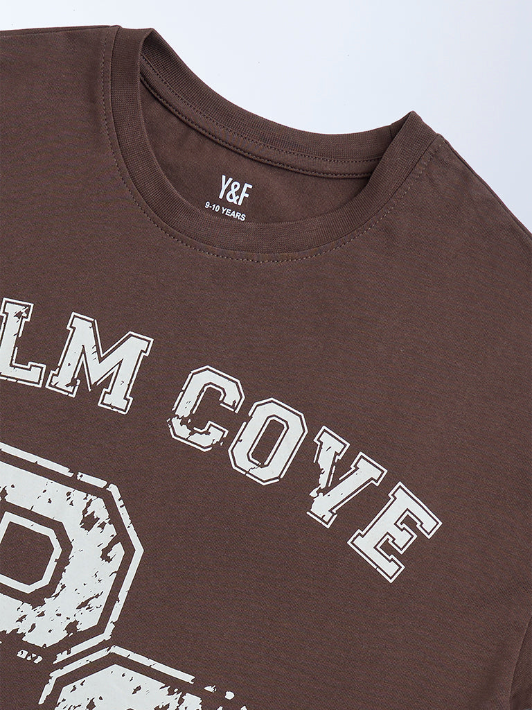 Y&F Kids Dark Brown Text Pattern Cotton T-Shirt