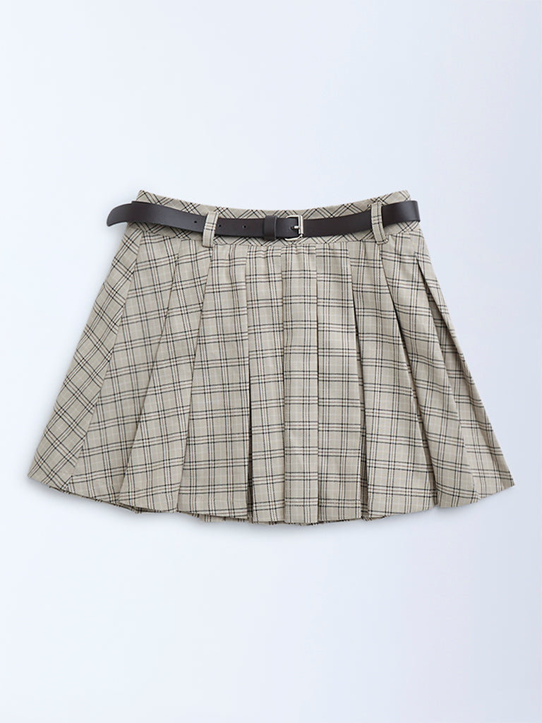Y&F Kids Taupe Checkered High-Rise Skirt with Belt