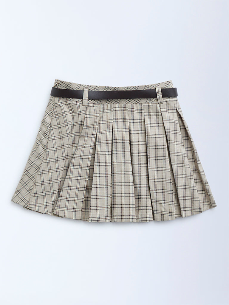 Y&F Kids Taupe Checkered High-Rise Skirt with Belt