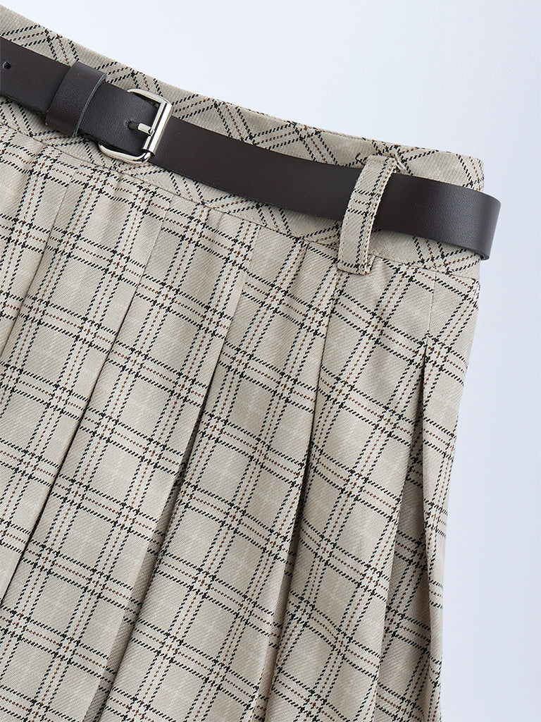 Y&F Kids Taupe Checkered High-Rise Skirt with Belt