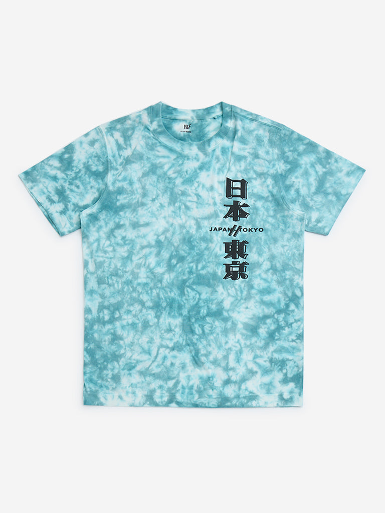 Y&F Kids Teal Tie-Dye Design Cotton T-Shirt