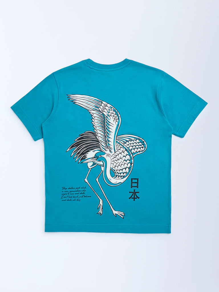 Y&F Kids Turquoise Bird Design Cotton T-Shirt