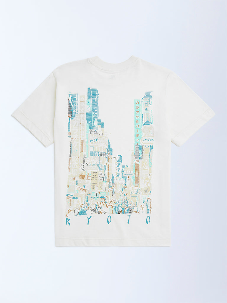 Y&F Kids Off-White Cityscape-Inspired Cotton T-Shirt