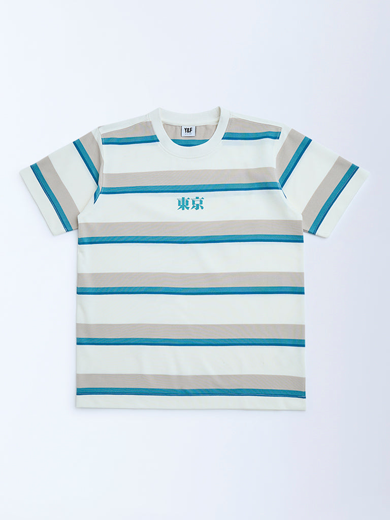Y&F Kids Off-White Striped Cotton-Blend T-Shirt