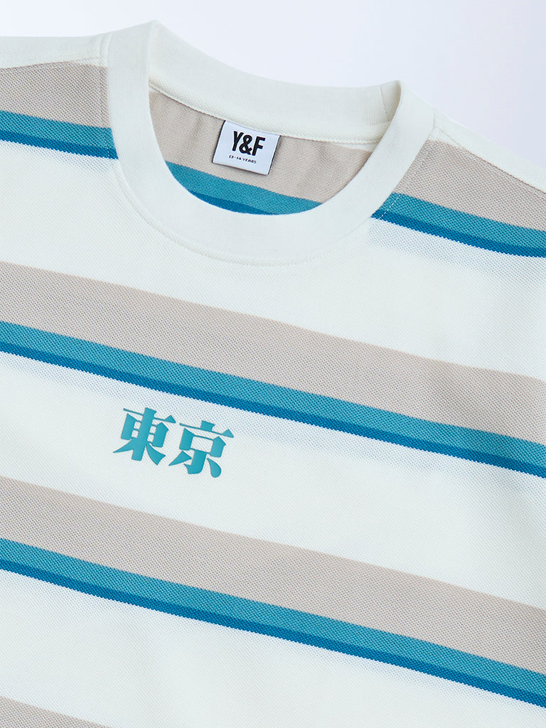 Y&F Kids Off-White Striped Cotton-Blend T-Shirt