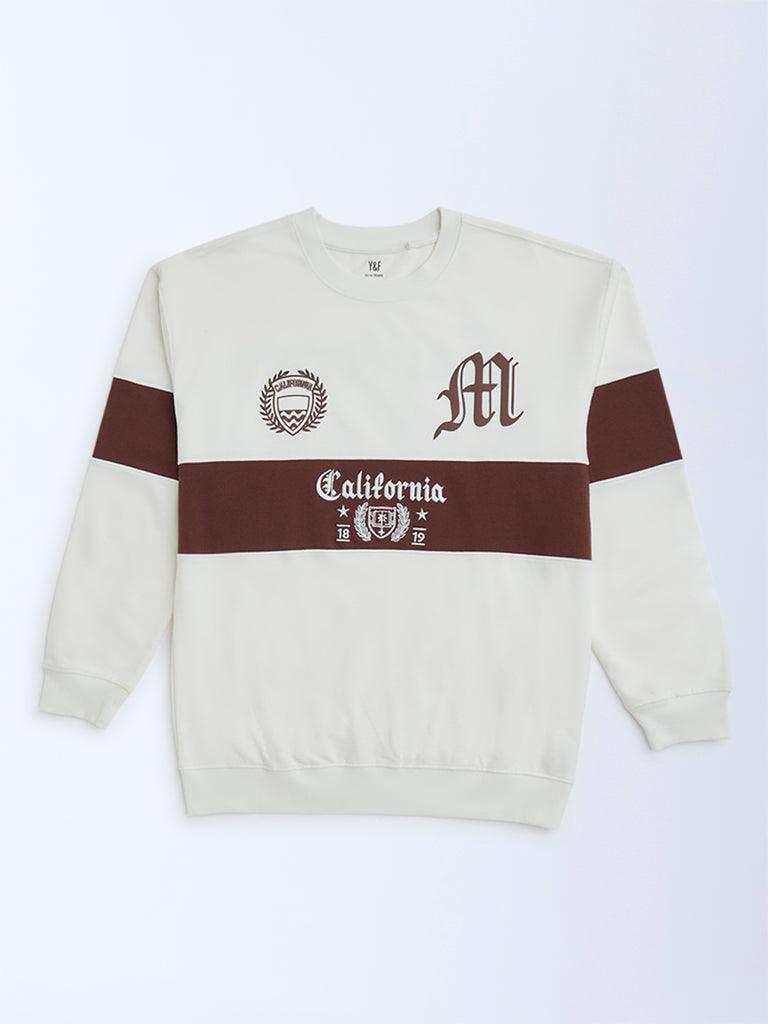 Y&F Kids White Colour Blocked Cotton-Blend Sweatshirt