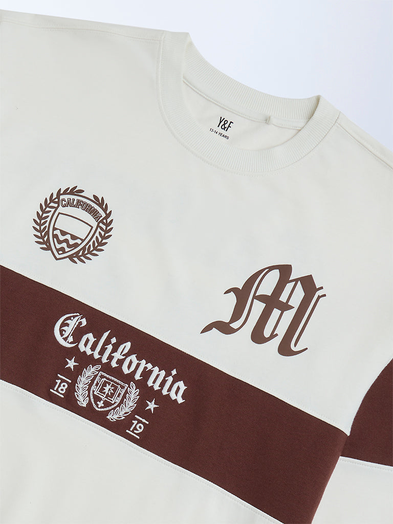 Y&F Kids White Colour Blocked Cotton-Blend Sweatshirt