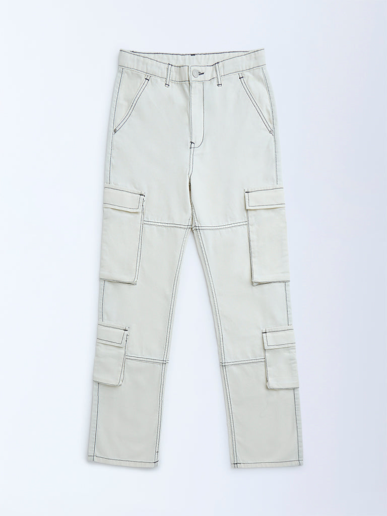 Y&F Kids Off-White Cargo-Style Mid-Rise Cotton Trousers