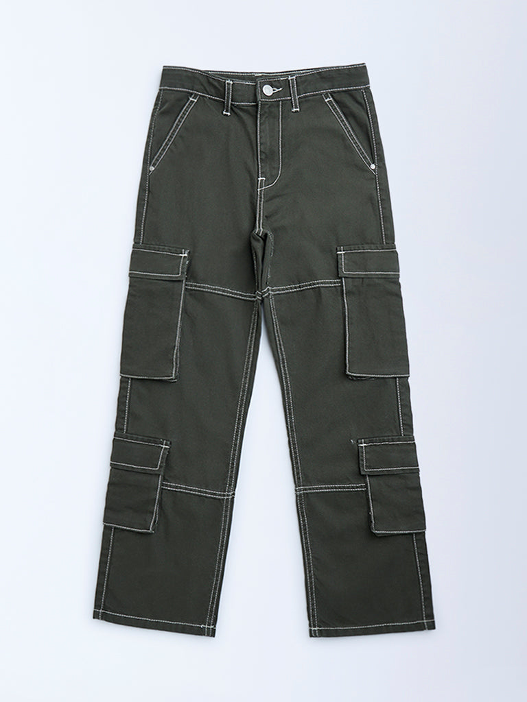 Y&F Kids Olive Cargo-Style Mid-Rise Cotton Trousers
