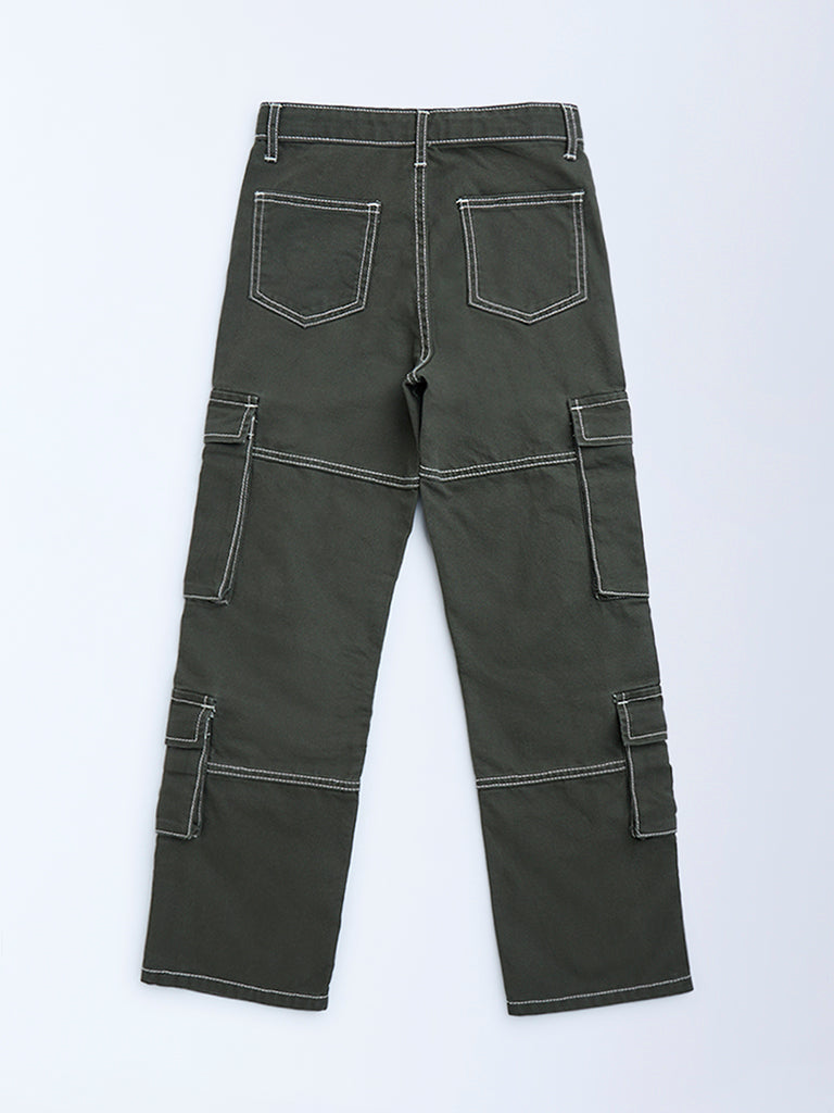 Y&F Kids Olive Cargo-Style Mid-Rise Cotton Trousers