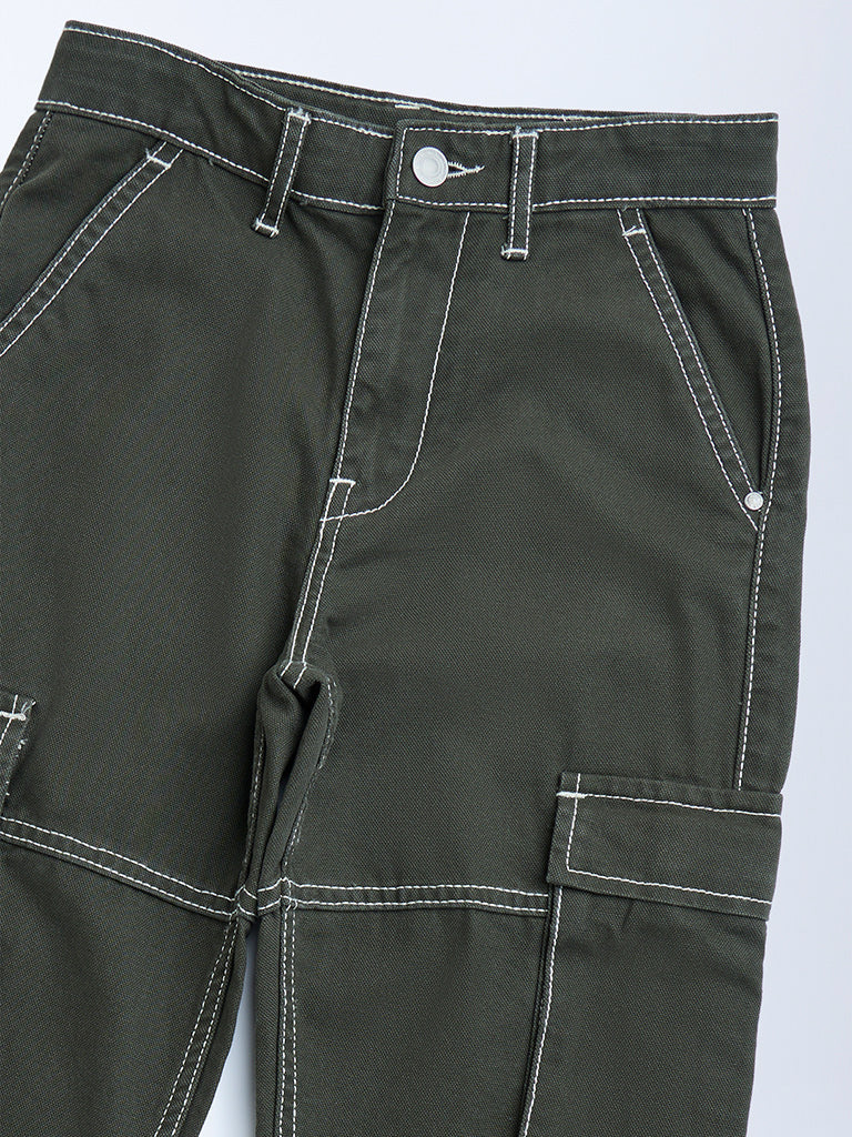 Y&F Kids Olive Cargo-Style Mid-Rise Cotton Trousers