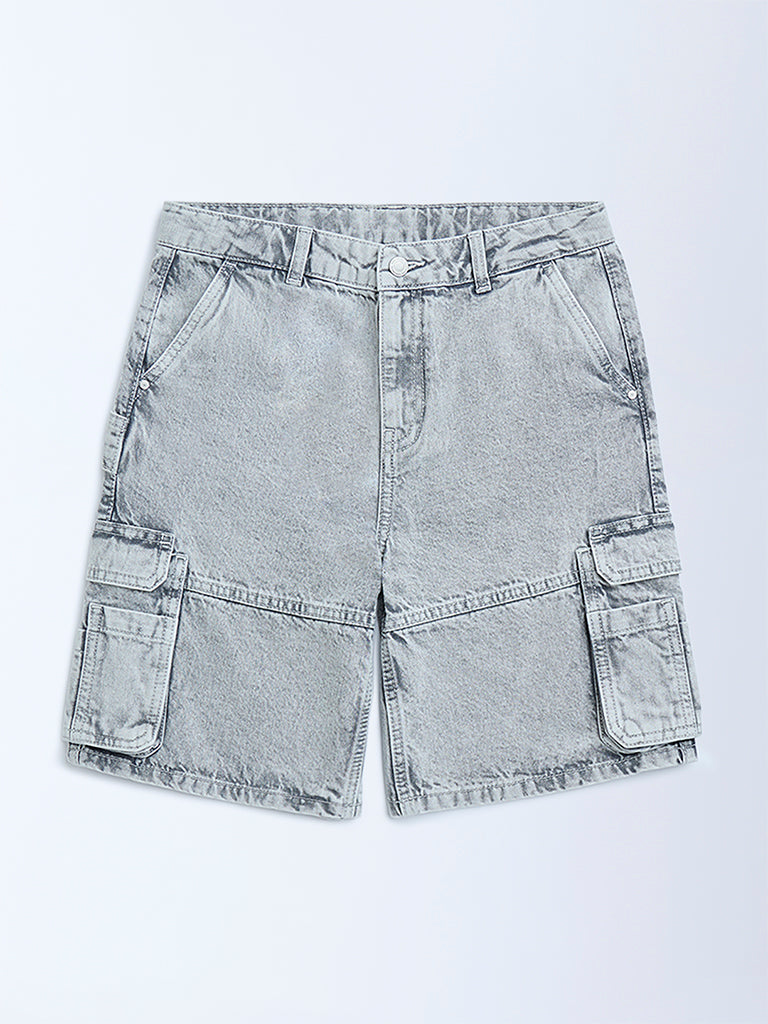 Y&F Kids Grey Washed Relaxed-Fit Mid-Rise Denim Shorts