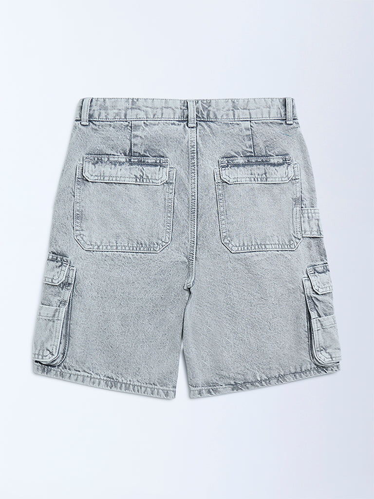 Y&F Kids Grey Washed Relaxed-Fit Mid-Rise Denim Shorts
