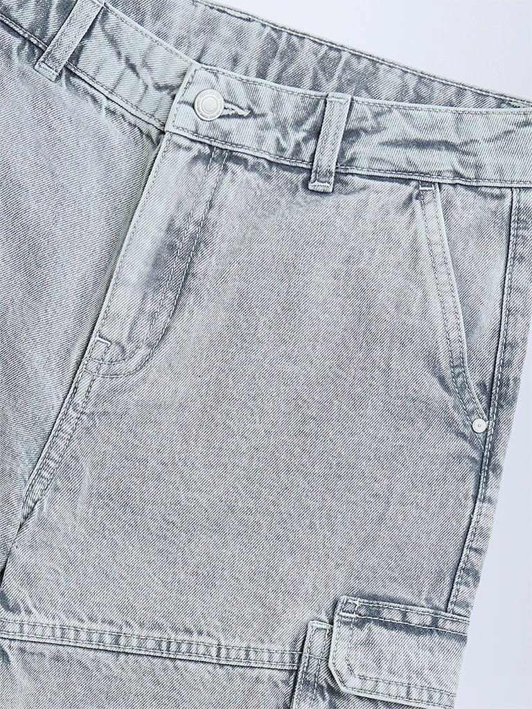 Y&F Kids Grey Washed Relaxed-Fit Mid-Rise Denim Shorts