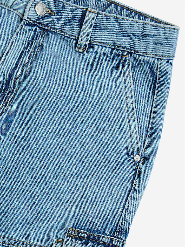 Y&F Kids Light Blue Cargo-Style Mid-Rise Cotton Shorts