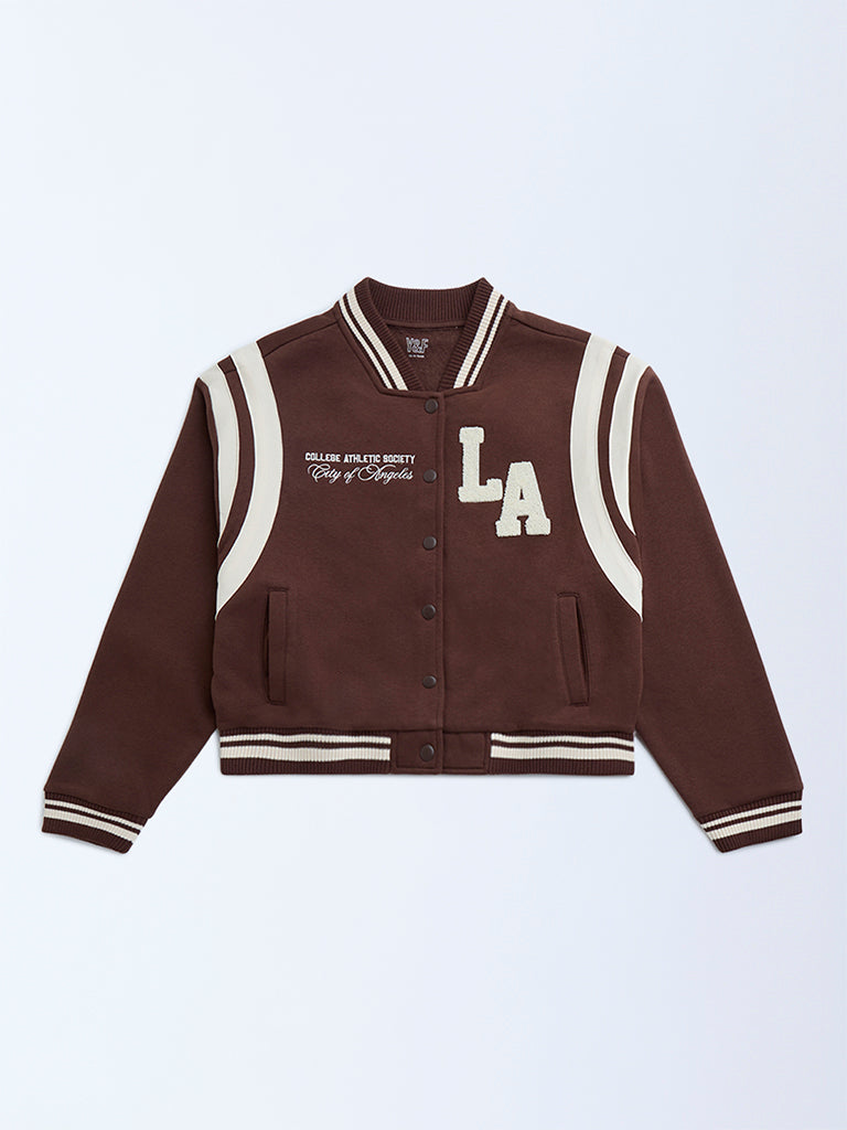 Y&F Kids Dark Brown Typographic Cotton-Blend Varsity Jacket