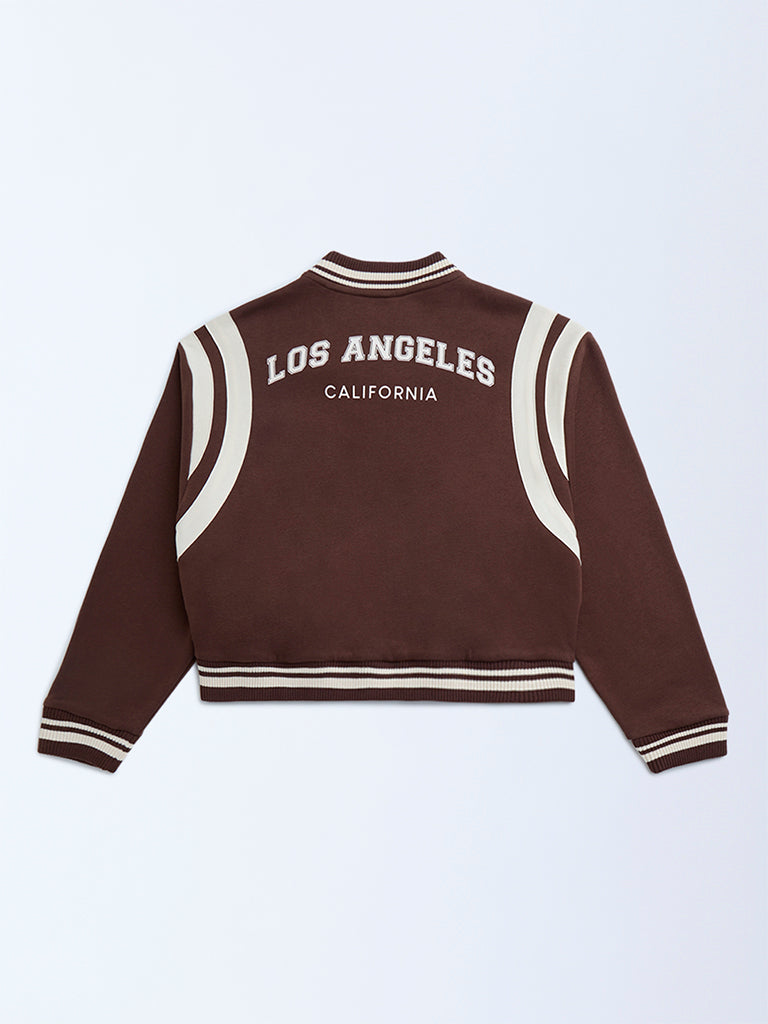 Y&F Kids Dark Brown Typographic Cotton-Blend Varsity Jacket