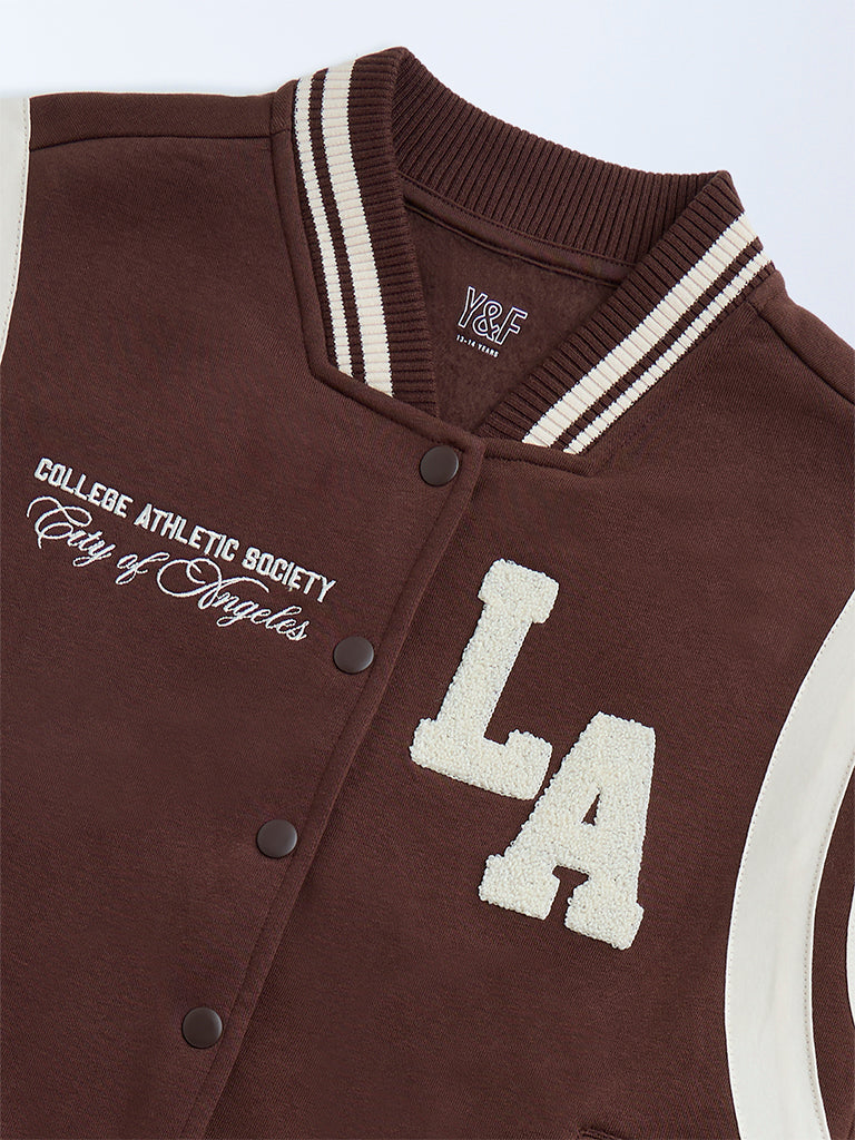 Y&F Kids Dark Brown Typographic Cotton-Blend Varsity Jacket