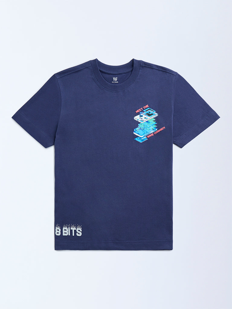 Y&F Kids Dark Blue Printed Cotton T-Shirt